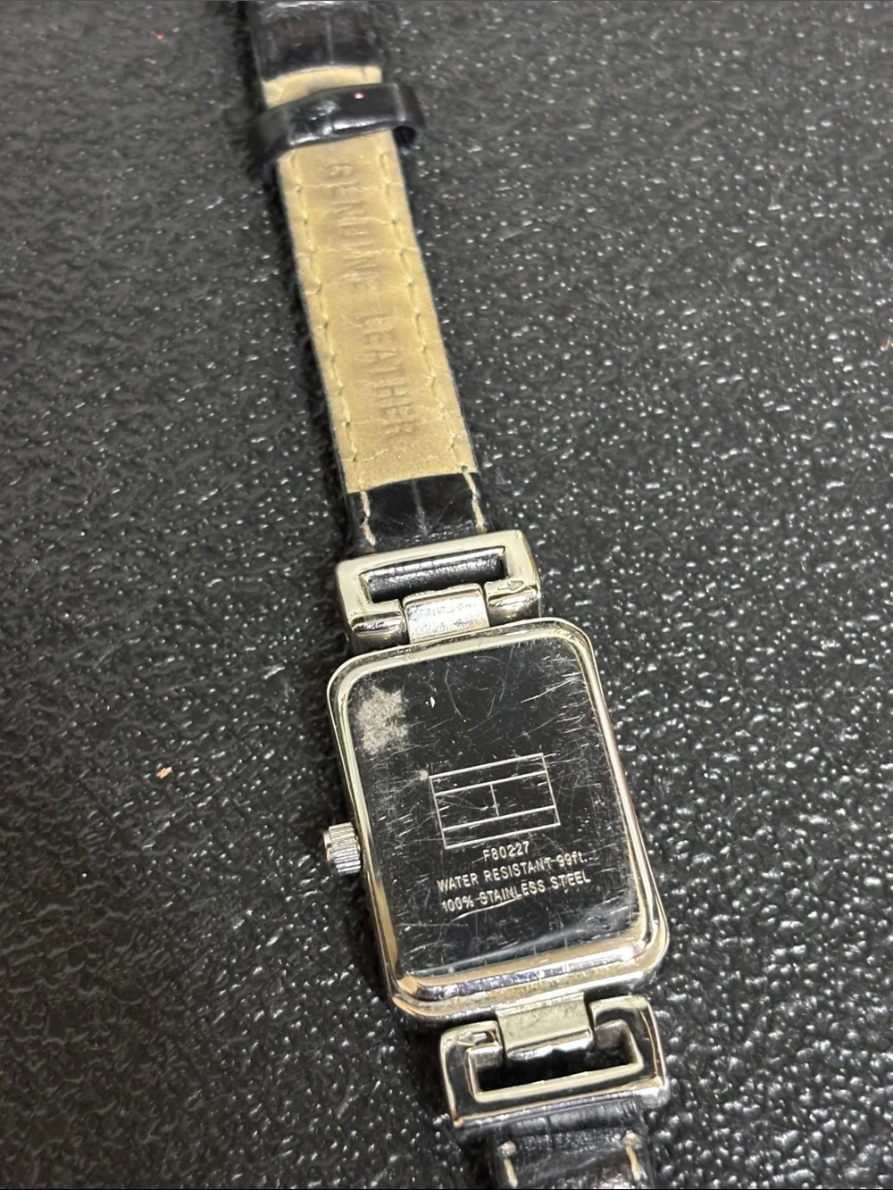 Vintage Tommy Hilfiger Croc Leather Working Black Silver Y2k Retro Watch